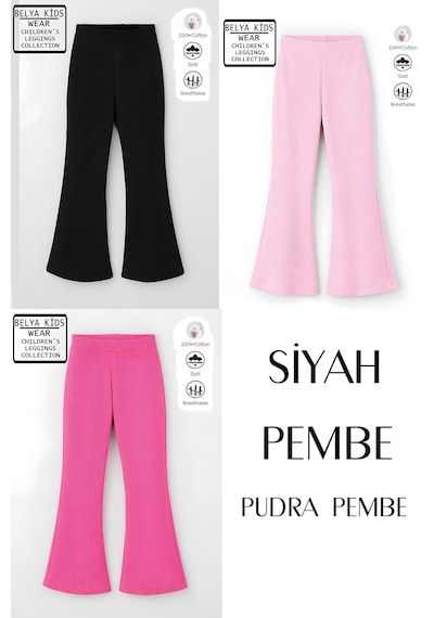 Belyakidswear 3 Lü Paket Pamuğa Pamuk Kız Çocuk Fitilli Tayt Siyah,pembe,pudra Pembe