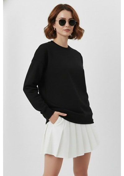 Uyguntarz Unisex Yumuşak Dokulu Düz 3 İplik Oversize Sıfır Yaka Sweatshirt Sade Ve Modern Görünüm siyah
