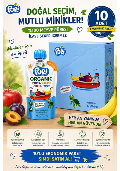 Organic Mürdüm Erikli Muzlu Elma Püresi 100 G x 10 %100 Organik İlave Şekersiz 10'lu Paket