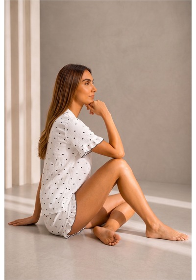 Kadın Günlük Düğmeli V Yaka Beyaz Pijama Takımı