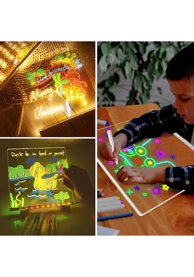 Buffer Led Işıklı Kendiliğinden Renkli Fosforlu Kalemli Kare Yazı Panosu 20x20 Cm Şeffaf