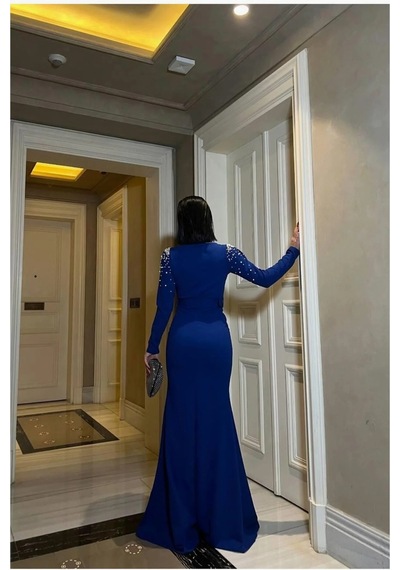 Semel Kadın Yeni Sezon Yaka Taş Detaylı Maxi Abiye Elbise Saks