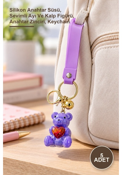 5 Adet Kalpli Ayıcık Silikon Anahtarlık Silikon Anahtar Süsü, Sevimli Ayı Ve Kalp Figürü, Anahtar Zinciri, Keychain