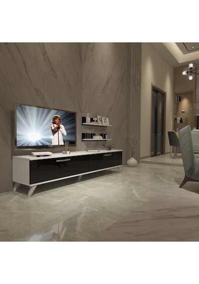 Decoraktiv Eko 4 Slm Std Retro Tv Ünitesi Tv Sehpası - Beyaz Siyah Beyaz - Siyah