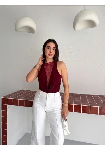Modi Green Dantel Detaylı Derin Dekolte Body Şık Kolsuz Yazlık Bodysuit - Bo Bordo