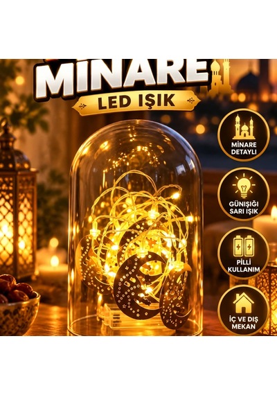 Minare Detaylı Hilal Led Ramazan Süsü Gold Metal Gövde, Günışığı Sarı, Pilli
