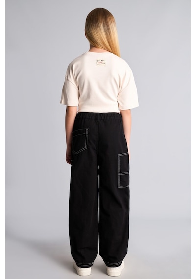 Defacto Kontrast Dikişli Barrel Fit Esnek Bantlı Paça Gabardin Pantolon Kız Çocuk I3480a826wnbk81 Siyah-bk81