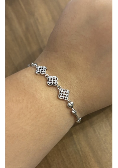 Kadın Kalp Detay Taşlı Yonca Model Gümüş Bileklik Silver