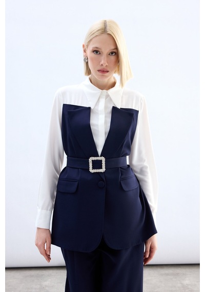 Sateen Ceket Görünümlü Gömlek - Lacivert-136792 Lacivert