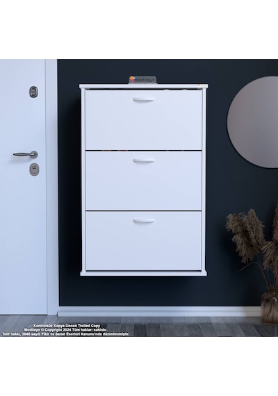 Modilayn Varbi Asma Antre 72 X 107 X 25, 5 Cm Lik 3 Düşer Kapak 6 Göz Raf Bölmeli Ayakkabılık Beyaz