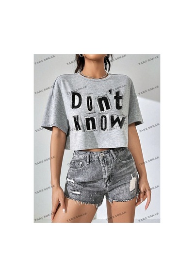 Tarzsokak Crop Ckod-232913 Mektup Baskı Slouchy Kısa Kollu Bol Kadın , Yaza Uygun Gri