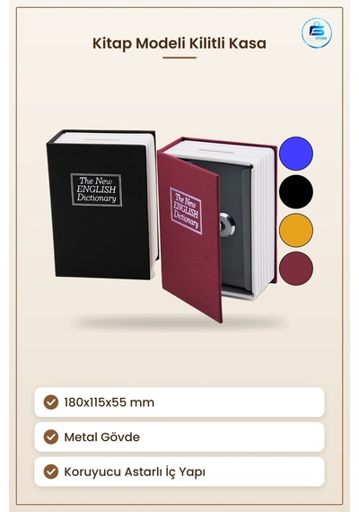 Kitap Modeli Kilitli Kasa 180x115x55 Mm Gizli Kumbara Metal Ev Of