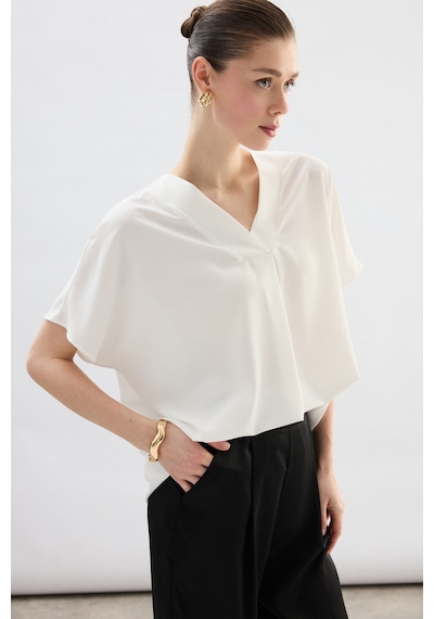 Sateen Geniş Kısa Kollu Bluz - Ekru-136761 Ekru