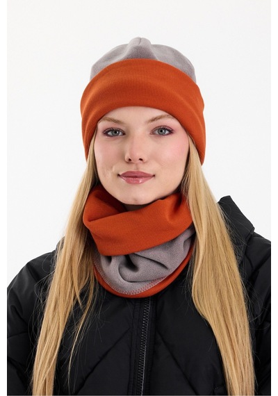 Butikgiz Kadın Dış Kısım Polar, İç Kısım Kaşkorse Pamuklu, Çift Renk, Çift Kat, Katlanabilir Bere Boyunluk Set Gri-kiremit