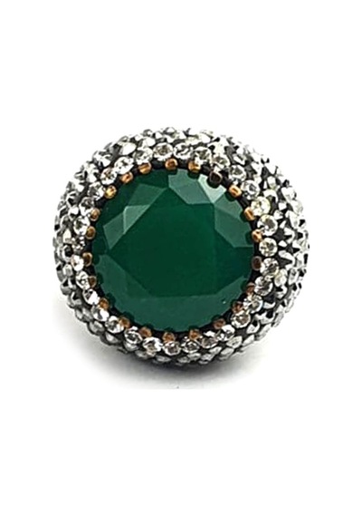 Kök Zümrüt Taşlı Swarovski Taş Detaylı Gümüş Tasarım Yüzük 19