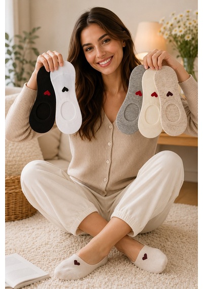 Hitit Socks Kadın 5 Çift Premium Kalite Kalp Desenli Görünmez Babet Çorap Asorti