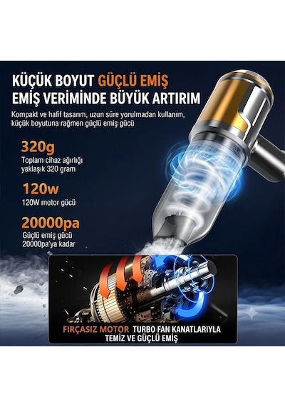 Nanovac 20000pa Güçlü Portatif Vakumlu Kablosuz Üflemeli Mini Araç Süpürgesi, Gümüs