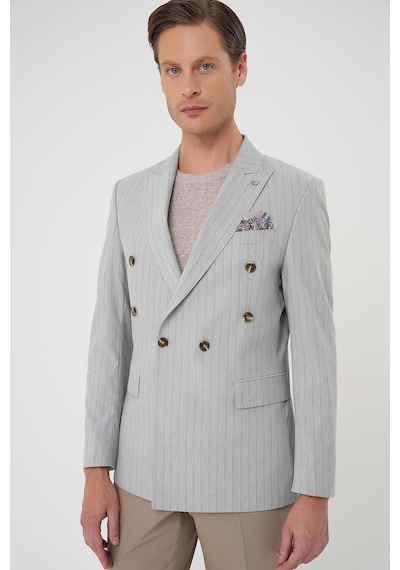 Efor Slim Fit Çift Yırtmaç Çizgili Kruvaze Casual Gri Ceket C 704 Gri