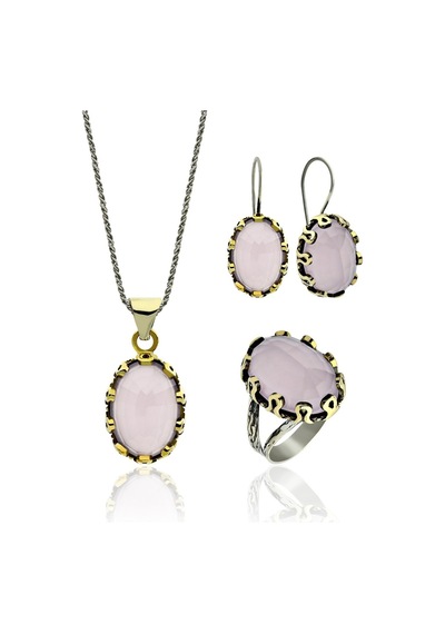 Pembe Kuvars Taşlı Otantik Gümüş Kadın Set