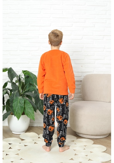 Yeni Stil Sonbahar/kış Erkek Çocuk Basketball Desenli Polar Pijama Takımı 4562 Turuncu