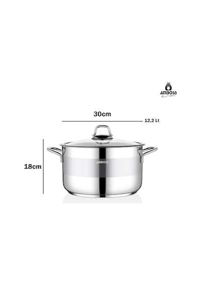 Amboss Saphire Paslanmaz Çelik Cam Kapaklı Derin Tencere - 30 Cm
