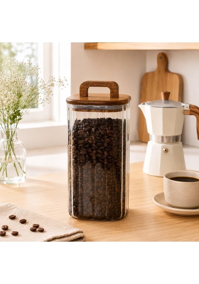 1500 Ml Kare Line Cam Kavanoz Ahşap Kapaklı, Kulplu, Şeffaf Kuru Gıda Saklama Kabı Çok Renkli