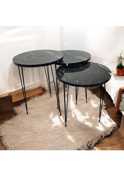 Zigon Sehpa 3'lü Yuvarlak Model Metal Tel Ayak Siyah Mermer Siyah Mermer