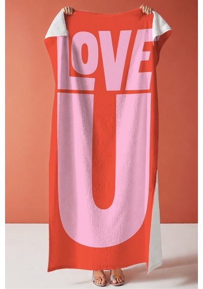 Love Yazılı Modern Plaj Havlusu - Tipografik Kırmızı Pembe Hızlı Kuruyan Havuz Deniz Banyo Havlusu Mat Lavanta
