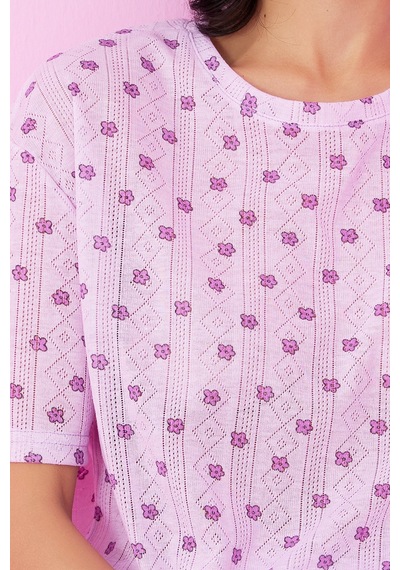 Siyah İnci Pointel Ajurlu/delikli Bisiklet Yaka Örme Pijama Takım Lila