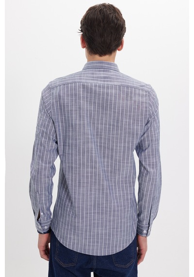 Tudors Erkek Slim Fit Dar Kesim Uzun Kollu %100 Pamuk Keten Doku Çizgili Gömlek-42644 Lacivert
