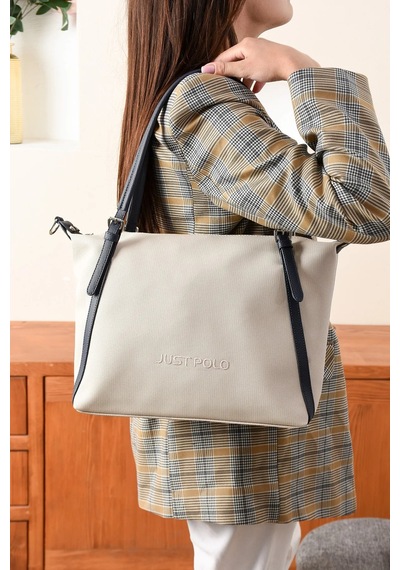 Just Polo Kadın Orijinal Büyük Boy Lakost Kumaş Lüks El Ve Omuz Çantası Shopper 27 X 32 Cm Taş - Lacivert