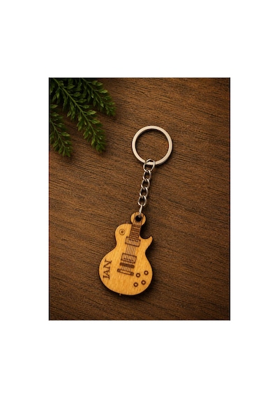 İsme Özel Elektro Gitar Ahşap Anahtarlık Lazer Kazıma Müzisyen & Gitarist Hediyesi Kahverengi