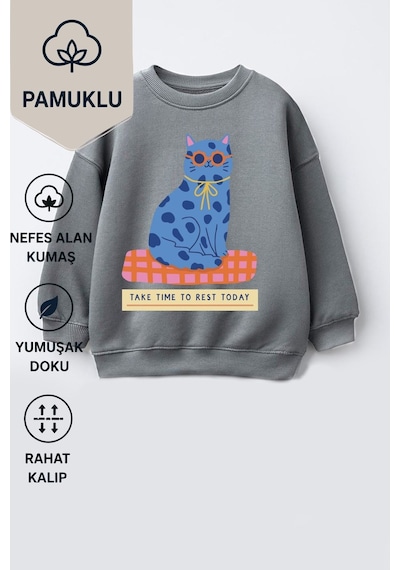Monila Kız Çocuk 3 İplik Kumaş Pamuklu Mavi Kedi Baskılı Sweatshirt Antrasit