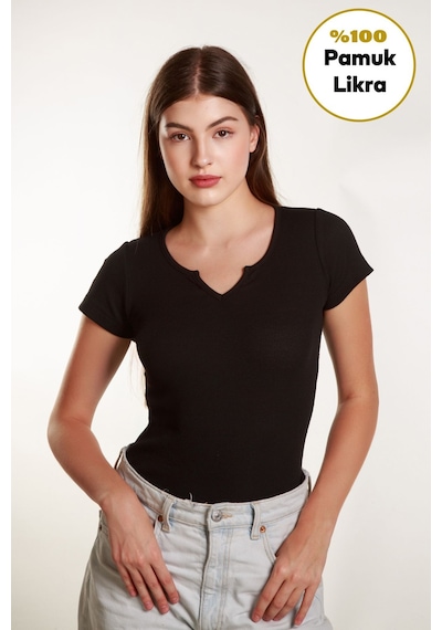 Mea Capio Kadın Basic Fitilli Likralı V Yaka Kollu Tshirt Atlet Bluz Siyah