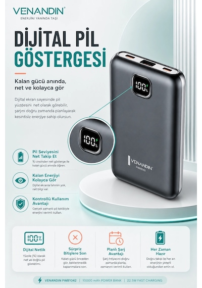 22.5w Hızlı Şarj Özellikli 10000 Mah Kapasiteli Kompakt Powerbank Çok Renkli