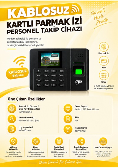Wifi Kablosuz Parmak İzi Ve Kartlı Personel Giriş Çıkış Cihazı Ve Yazılımı 20 Kart Dahil