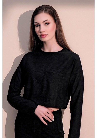 WeShaya Kadın Siyah Kendinden Dokulu Cepli Crop Sweatshirt, Salaş Kesim Siyah