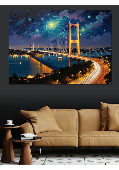 Gece Işıklarıyla İstanbul Boğaz Köprüsü Dekoratif Kanvas - Mdf Ahşap Tablo