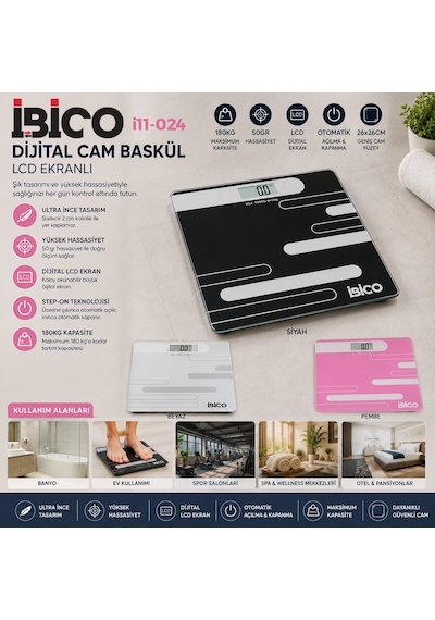 İbico İ11-024 Cam Banyo Baskül Terazi Tartı 26x26cm 180kg/50gr Pilli Dijital Lcd Ekran Renkli Cam Diğer