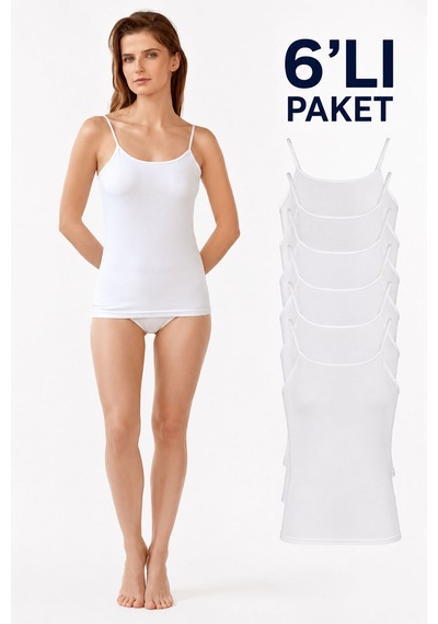 Berrak Kadın İp Askılı Penye Atlet Likralı Pamuku Bayan 6 Lı Paket Beyaz