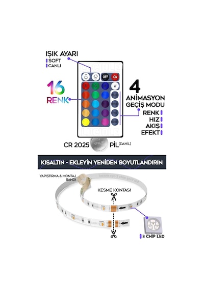 Tv Arkası Çocuk Yatak Odası Mutfak Salon Animasyon Rgb Led Kumandalı Tak Çalıştır 4 Metre 2024argb4