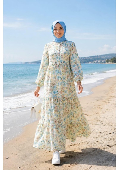 Hb Harma Time Butik Kadın Düğmeli Desenli Modal Kumaş Bej Elbise Bej Bej