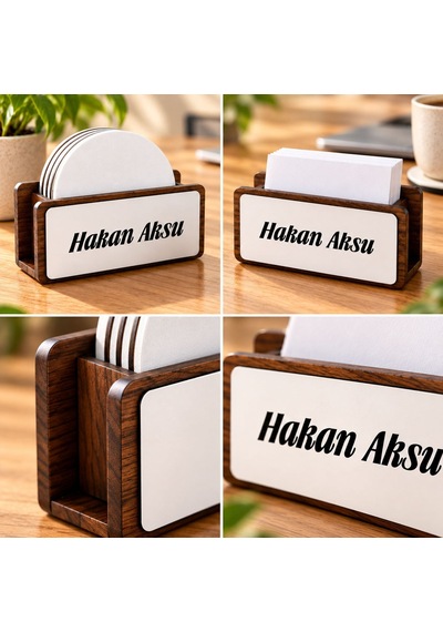 Bk Gift Kişiye Özel Ahşap Masaüstü Stand Kartvizitlik Ve Bardak Altlığı Tutucu Çok Renkli