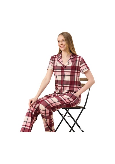 Pijahome Kadın Viskon İpeksi Dokulu Kısa Kollu Pijama Takımı Bordo