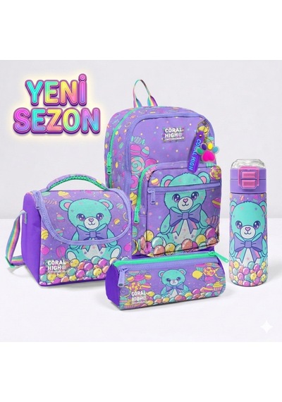 Kids Desenli 4 Lü Okul Çanta Seti Mor