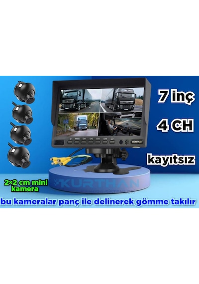 4 Adet Mini Kasa Kamera Ve 7 İnç Kayıtsız Monitör 12 Volt
