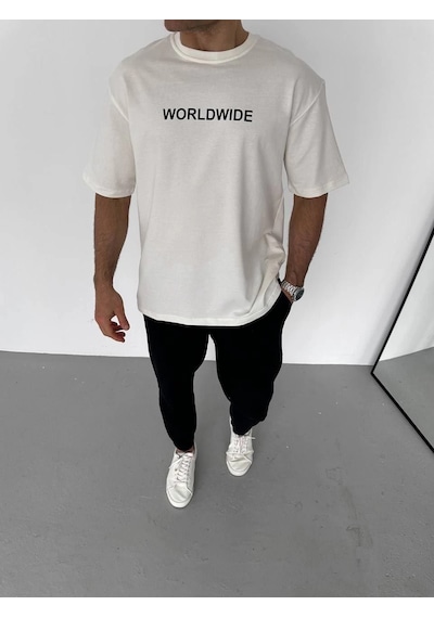 Barlashive Erkek Yazlık Baskılı Tişört Bisiklet Yaka Kısa Kol Regular Fit T-shirt - Beyaz Çok Renkli