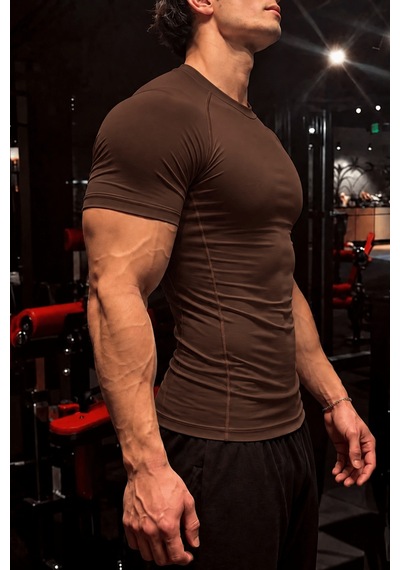 Genius Store Erkek Dalgıç Kumaş Compression Spor Tişört Muscle Body Fit Gym Antrenman T-shirt Compression-t-shirt Kahverengi