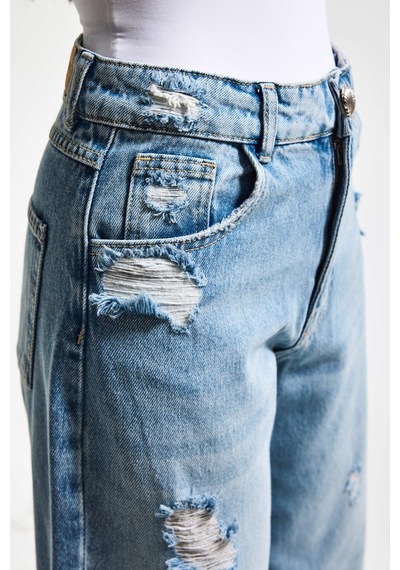 it's basic Kadın Kot Rengi 12s6-32 Mega Baggy Fit Yırtık Detaylı Denim Jean Mavi