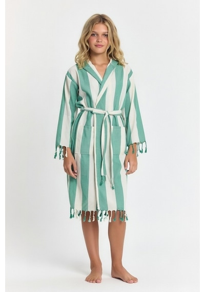 Çocuk Striped Peştamal Bornoz %100 Pamuk Unisex Yeşil